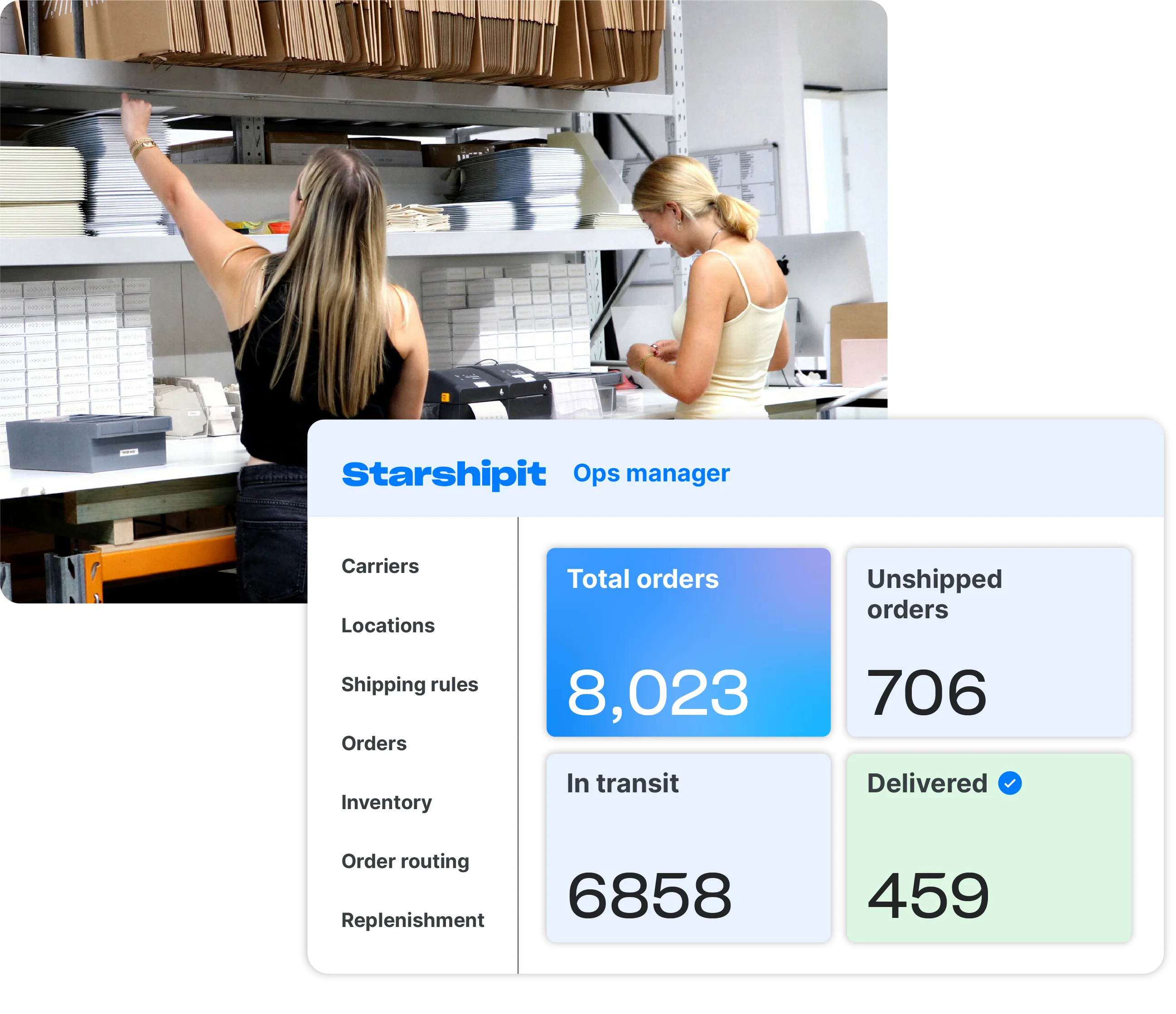 Two fulfilment team members picking warehouse stock beside a Starshipit Ops Manager dashboard showing order status across locations Two fulfilment team members picking warehouse stock beside a Starshipit Ops Manager dashboard showing order status across locations