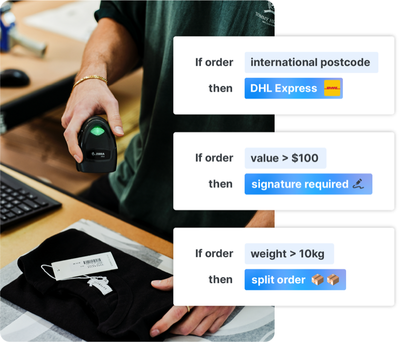 Starshipit bulk settings illustration showing shipping rules for international postcode, signature required, and split order workflows