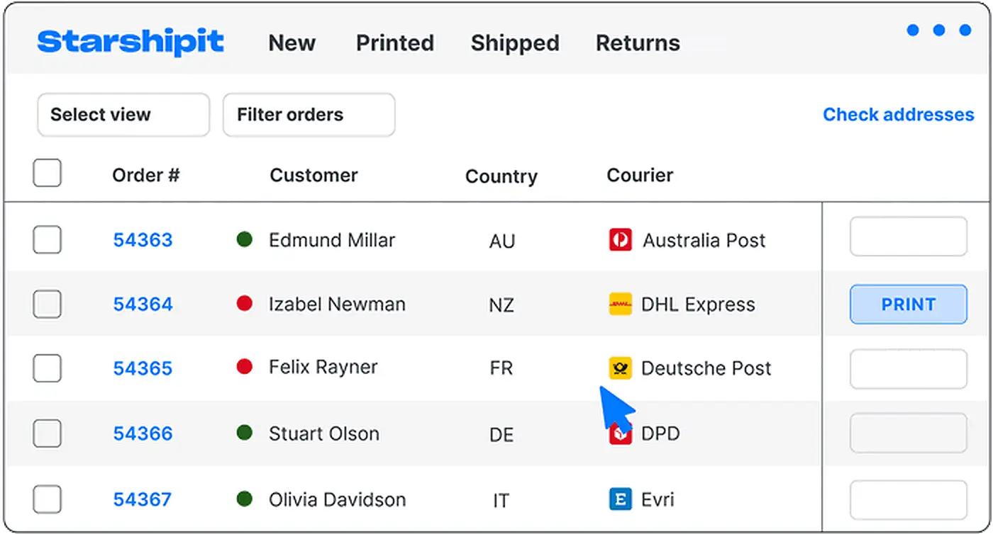 Animated Starshipit dashboard showing orders managed across multiple couriers Animated Starshipit dashboard showing orders managed across multiple couriers