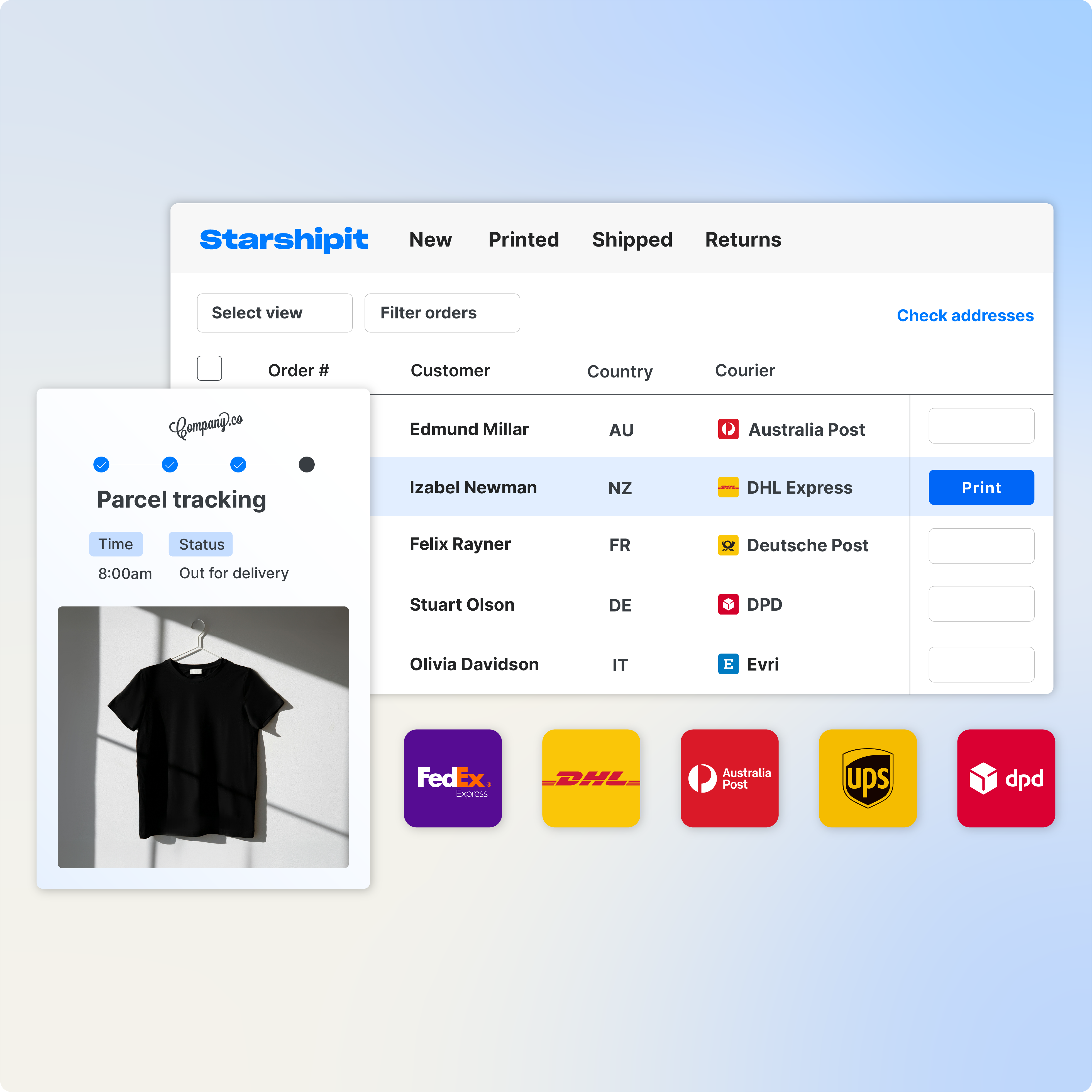 Starshipit dashboard, parcel tracking and carrier features
