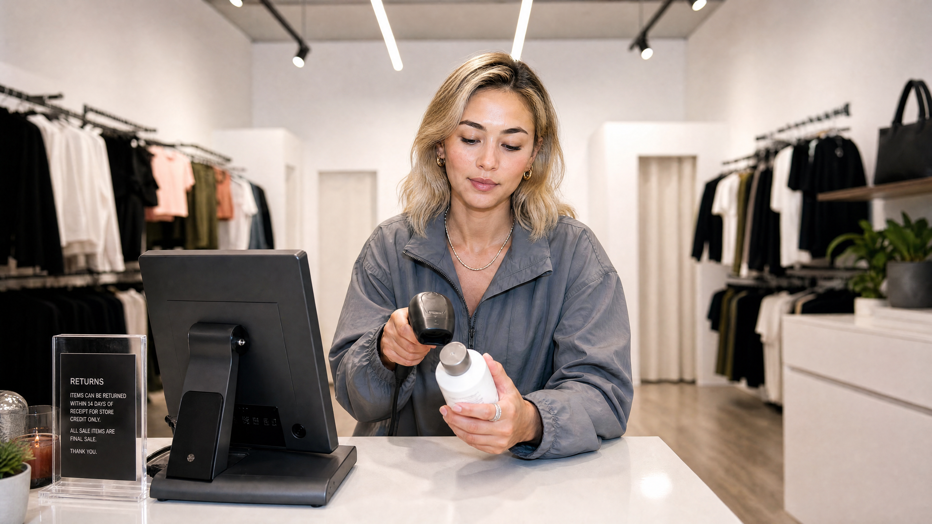 boutique staff scanning product at counter clean boutique staff scanning product at counter clean